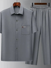 Men’s full size gray short sleeve button up shirt with chest pocket and embroidered logo in plus size set