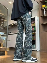 Men’s plus size relaxed fit camo print flared jeans in gray and black made from premium cotton with tape measure detail