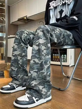 Men’s full size plus size gray and white camo print relaxed fit flared jeans made from premium cotton with tape measure detail