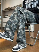Men’s full size camo print relaxed fit jeans in gray and black denim with premium cotton and tape measure at crotch seam