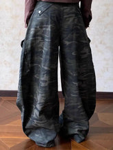 Men’s full size camo print wide leg cargo pants in dark green and gray with multiple pockets and durable fabric