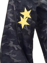 Men’s dark gray camouflage denim baggy jeans with bold gold star print patches featuring camo star print design