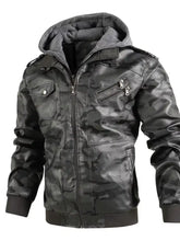 Men’s full size camouflage hooded faux leather jacket in black and gray with ribbed cuffs and waistband