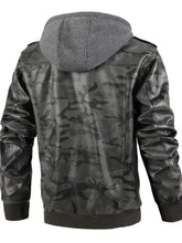 Men’s full size camouflage hooded faux leather jacket in black with gray fleece-lined hood for plus size wear