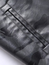Men’s full size camouflage hooded faux leather jacket in black with subtle camouflage pattern and stitched seam detail