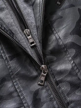 Men’s full size camouflage hooded faux leather jacket in black with gray pattern and silver-toned zippers