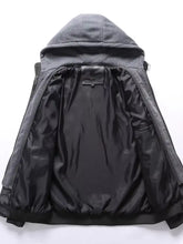Men’s full size camouflage hooded faux leather jacket in gray with black satin lining and ribbed cuffs