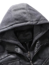 Men’s full size camouflage hooded faux leather jacket in gray with textured shell and camouflage hooded inner lining