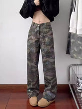 Men’s full size camouflage wide leg jeans in muted green and gray starry faded pattern with a wide leg fit