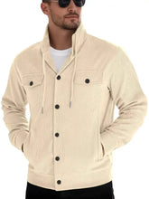 Beige casual corduroy button jacket plus size with black buttons and drawstring hood for men