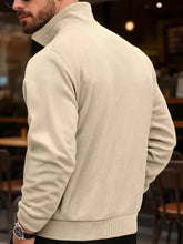 Beige corduroy turtleneck sweater with ribbed texture and tailored fit in men’s full size casual corduroy button jacket plus size