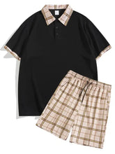 Men’s full size classic plaid collar polo and shorts set in black with beige and brown plaid, slightly stretchy, machine wash cold