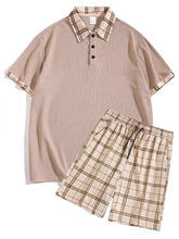 Men’s full size beige polo and checkered shorts set with plaid collar and cuffs slightly stretchy machine wash cold
