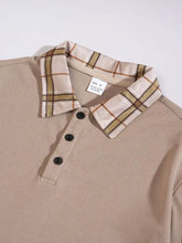 Men’s full size classic beige polo shirt with slightly stretchy plaid collar in tan and brown, machine wash cold