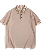 Men’s full size classic plaid collar polo shirt in beige with contrasting plaid collar and sleeve cuffs, machine wash cold