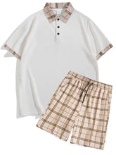 Men’s full size classic white polo and matching plaid shorts set with beige brown collar machine wash cold slightly stretchy