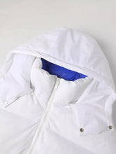 Men’s full size white puffer jacket with blue lining and silver zipper machine wash for pristine white look