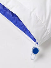 Men’s full size pristine white puffer jacket with blue lining and zipper pull, machine wash, drawstring hem hooded design