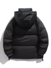 Men’s full size black puffer jacket with hood and subtle blue piping, machine wash safe, pristine white drawstring hem