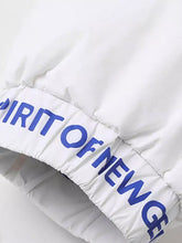 Men’s pristine white full size contrast hooded jacket cuff with bold blue spirit of new lettering machine wash safe