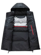 Men’s full size black nylon shell puffer jacket with hood, red zipper accents, silver hexagonal lining, and optimal body heat retention