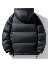 Men’s full size black puffer jacket with hood, nylon shell, horizontal stitching, and optimized sleeve length for body heat retention
