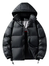 Men’s black full size contrast hooded zip up down jacket with nylon shell quilted design and elastic sleeve length cuffs retains body heat