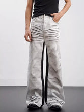Men’s full-size contrast wide-leg gray denim jeans with black vertical side panels and ruched distressed texture