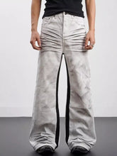 Men’s silver-gray ruched denim full-size contrast wide-leg jeans with black side stripes in plus size