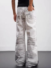 Men’s full size contrast wide-leg silver-gray distressed denim jeans with ruched detailing down the legs
