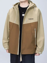 Men’s beige and brown two-tone size contrast zip long sleeve jacket plus size with hood and zipper pockets