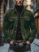 Men’s full size corduroy button-down jacket in dark green with silver buttons and denim-style front detailing