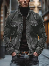 Men’s dark gray full size corduroy button-down jacket with flap pockets and classic collar in plus size corduroy button style