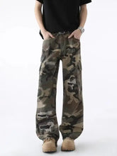 Men’s full size distressed camouflage wide leg cargo pants with distressed patches and a relaxed fit