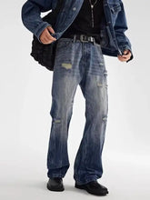 Men’s full size distressed loose fit jeans in blue denim with ripped and faded details for plus size wear