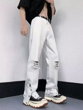 White distressed denim loose fit jeans with ripped knees and zipper fly in plus size for men