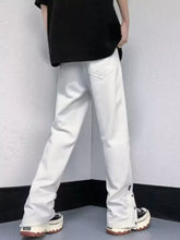 Men’s full size white loose fit jeans with zipper and button detail on the side of each straight-leg fit jeans