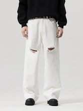 Men’s full size white distressed ripped wide leg jeans with ripped knee details in plus size fit