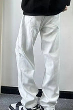 Men’s white distressed wash wide leg jeans with relaxed fit and classic back pockets shown from the back side