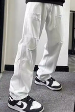 Men’s white distressed wash wide leg jeans with ripped knee details in full size plus size fit
