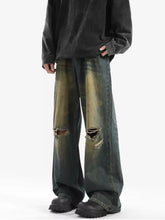 Men’s full size dark-wash distressed wide leg jeans with tear holes at the knees in plus size fit