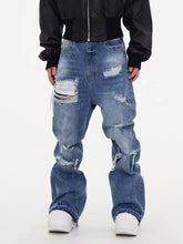 Men’s full size distressed blue denim wide leg jeans with ripped knees and frayed edges in plus size
