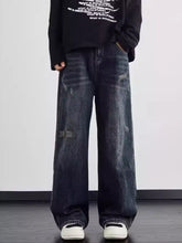 Men’s full size dark-wash denim wide leg jeans with distressed details designed for plus size comfort