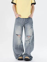 Men’s light-wash distressed wide leg jeans with ripped knees in full size plus size denim material