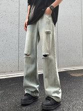 Men’s light-wash distressed wide leg jeans with vertical stripes ripped knees slightly stretchy full size plus size