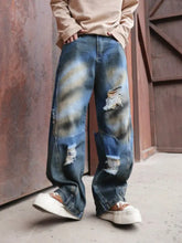 Men’s full size distressed wide-leg jeans in faded blue and brown tie-dye with ripped knees plus size denim