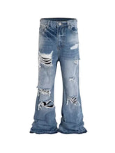 Men’s full size distressed blue denim wide leg jeans featuring intentional rips and frayed edges