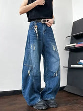 Men’s blue denim full size distressed wide leg jeans with distressed patches and wide-leg jeans design