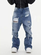 Men full size distressed blue denim wide leg jeans with ripped knees and frayed edges for plus size wear