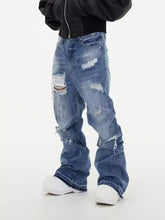 Men’s full size distressed blue denim wide leg jeans with ripped knees and frayed edges for plus size